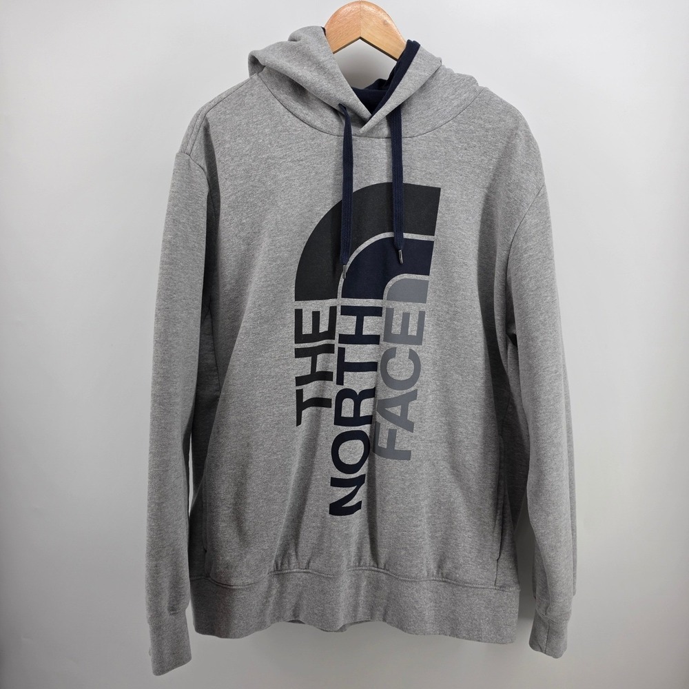 The North Face Mens Grey Cotton Blend Vertical Logo Graphic Pullover Hoodie 2XL